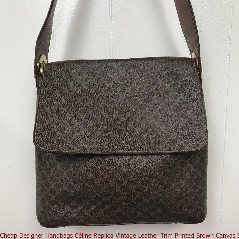Cheap Designer Handbags Céline Replica Vintage Leather Trim Printed Brown Canvas Shoulder Bag ...